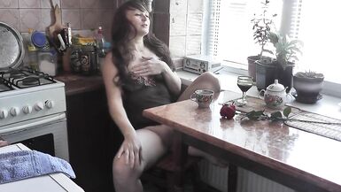 MILF solo. Squirt. In morning in kitchen, sexy Milf drinks coffee, masturbates wet pussy, gets strong orgasm and squirts - 14 image