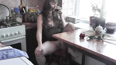 MILF solo. Squirt. In morning in kitchen, sexy Milf drinks coffee, masturbates wet pussy, gets strong orgasm and squirts - 2 image