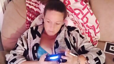 Caught gamer girl in panties and bra playing video games with legs wide open - 3 image