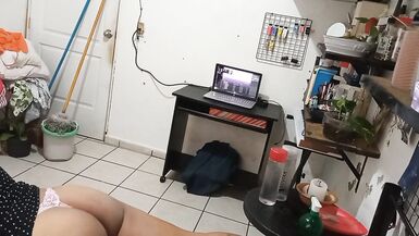 my wife cleaning the room in dress and thong