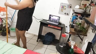my wife cleaning the room in dress and thong - 2 image