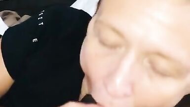 Sexy milf does her best to deep throat bbc! And sucking balls too! Lol bbc still undefeated!  - 5 image