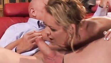 Blond cougar gives head job and takes cum on her feet after fucking dick - 4 image
