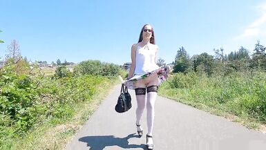 Longpussy, out for a walk in my usual Style, Butt Plug, Short Skirt, High Heels, Thigh Highs with my Titties Bound. - 3 image