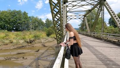 Longpussy, out for a walk, Huge Pussy Plug, Sheer Top, High Heels, Thigh Highs and a Short Skirt in Public! - 1 image
