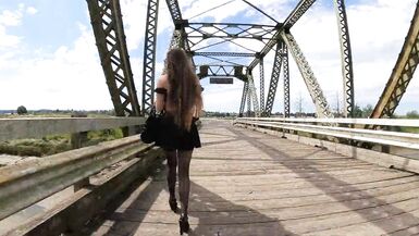 Longpussy, out for a walk, Huge Pussy Plug, Sheer Top, High Heels, Thigh Highs and a Short Skirt in Public! - 5 image