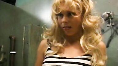 Fair-haired hottie likes to clean the bald dude's pipe through gloryhole and gets nailed in toilet - 2 image