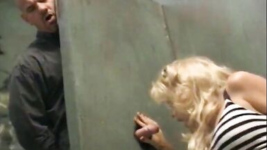 Fair-haired hottie likes to clean the bald dude's pipe through gloryhole and gets nailed in toilet - 4 image