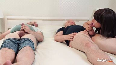 Shared his wife with a friend. Sexy milf fucks with her lover with her husband. Cuckold. - 1 image