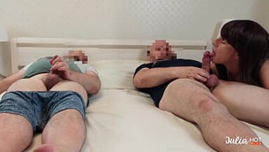 Share wife with a friend. Threesome. Wife sucks friend. MFM - 1 image