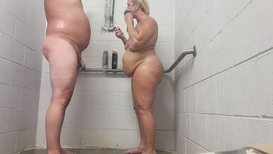Shower sex with cum in her mouth, after a standing doggystyle session, tits are bouncing ass n thighs are jiggling - 1 image