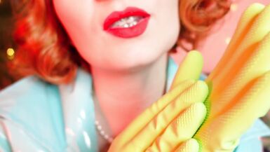 Solo hot masturbation - MILF in household GLOVES fetish video