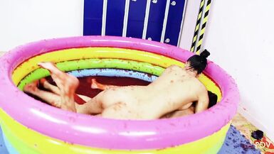 A pool of jello makes the British lesbians with big boobs want to wrestle in it - 10 image