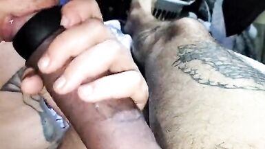 Sexy wife sucks huge pumped cock and gets rewarded with cum on her big tits - 2 image