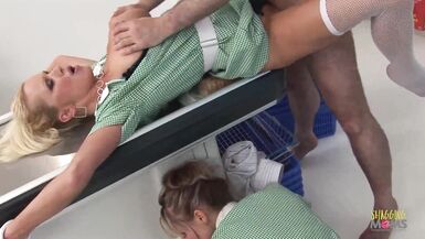 A grocery store foursome begins when the two blonde milfs tease their customer with their big boobs - 10 image