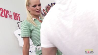 A grocery store foursome begins when the two blonde milfs tease their customer with their big boobs