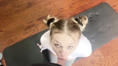 Stepsister lets me rip open her yoga pants and cum on her face - 5 image