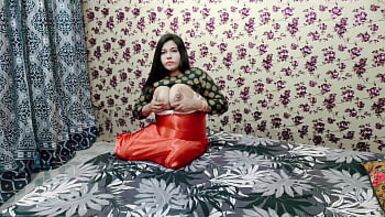 Hot Indian bhabhi shows big natural boobs in red silk saree with dirty hindi talk - 1 image