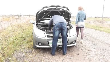 Sexy blonde MILF car broke down. Random passerby helped fix and fucked Milf in doggy style on hood of auto. Slut. Whore - 10 image