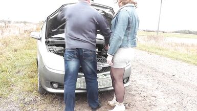 Sexy blonde MILF car broke down. Random passerby helped fix and fucked Milf in doggy style on hood of auto. Slut. Whore - 14 image