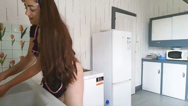 French in the kitchen she loves to bring in her big dick alone and show her big ass - 2 image