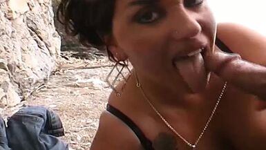 Sexy German ebony getting her huge tits covered with cum outdoors - 1 image