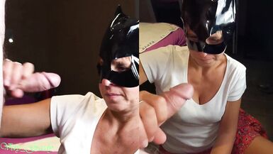 MILF with the catwoman mask sucks off her husband & gets a huge load on his face then licks the cum - 8 image