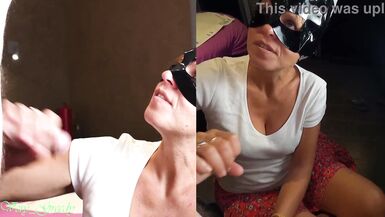 MILF with the catwoman mask sucks off her husband & gets a huge load on his face then licks the cum - 9 image