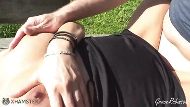 Milf Fucked and Creampied on a Picnic table in a Public Park with Big Tits Bouncing - 6 image