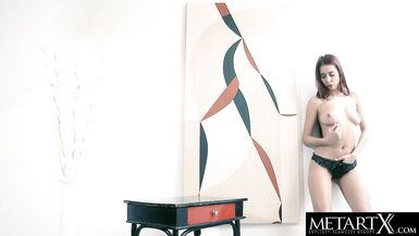 Asian beauty plays with her big natural tits and shaved pussy - 6 image