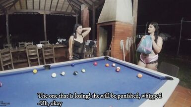 Hot and nasty Latin Chick lesbian babes with sex toys eating their wet cracks on the pool table- Spanish Porn - 2 image