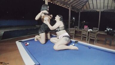 Hot and nasty Latin Chick lesbian babes with sex toys eating their wet cracks on the pool table- Spanish Porn - 6 image