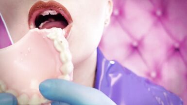 ASMR: eating food with braces, blue nitrile gloves fetish (SFW movie) Arya Grander - 7 image