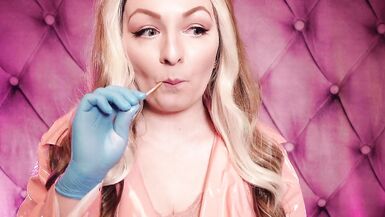 ASMR: blue nitrile gloves and candy engulfing, wearing pink PVC coat, cutie in braces (Arya Grander) - 12 image