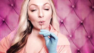 ASMR: blue nitrile gloves and candy engulfing, wearing pink PVC coat, cutie in braces (Arya Grander)