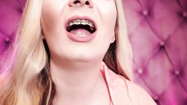 ASMR: blue nitrile gloves and candy engulfing, wearing pink PVC coat, cutie in braces (Arya Grander) - 6 image