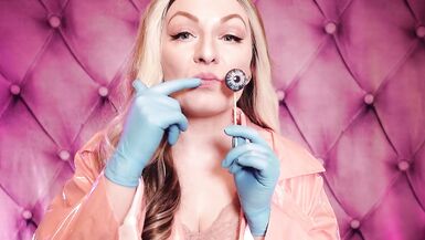 ASMR: blue nitrile gloves and candy engulfing, wearing pink PVC coat, cutie in braces (Arya Grander) - 7 image