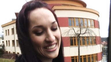 brunette hair mother I'd like to fuck likes to engulf a stranger's cock outdoors