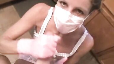 Sexy maid stops cleaning to jerk and suck my hard cock - 4 image