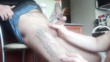a fat woman naked jerks off my cock to a cumshot in the kitchen - 11 image