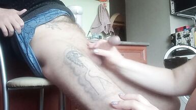 a fat woman naked jerks off my cock to a cumshot in the kitchen - 12 image