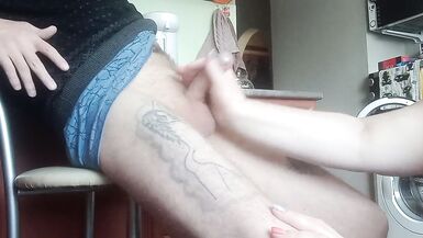 a fat woman naked jerks off my cock to a cumshot in the kitchen - 2 image