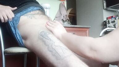 a fat woman naked jerks off my cock to a cumshot in the kitchen - 3 image