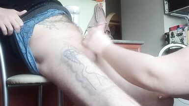 a fat woman naked jerks off my cock to a cumshot in the kitchen - 4 image