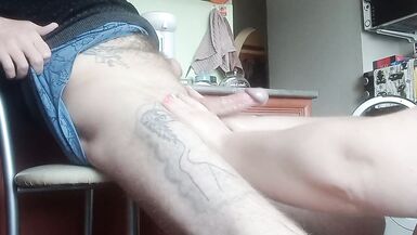 a fat woman naked jerks off my cock to a cumshot in the kitchen - 6 image