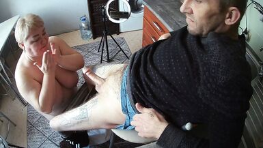 naked girlfriend jerks off my cock to a cumshot in the kitchen - 1 image