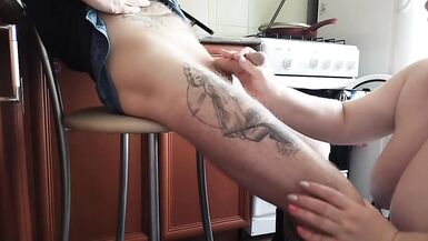 naked fat girl jerks off my cock to a cumshot in the kitchen - 2 image