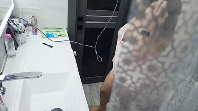 My stepmom came to my bathroom, I am naked and start jerk off cock, and she pretends that nothing happened but she look - 4 image