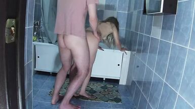 Amateur sex with a mature lady in the bathroom in her pussy - 1 image