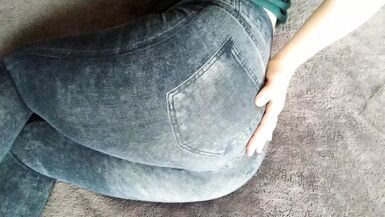 I pull down my denim leggings and blue panties and stick the dildo in my wet pussy with my white ass up - 1 image